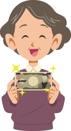 Female elder who is happy to have paper moneyのイラスト素材