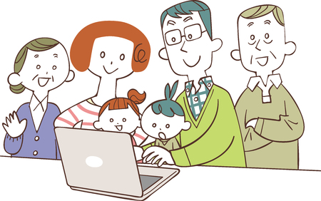 Three generation families watching personal computersのイラスト素材