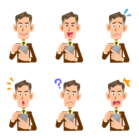 Illustration of middle-aged businessman who operates smartphone. 6 types of setsのイラスト素材