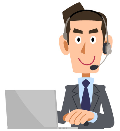 A man with a fitted suit with a headset that operates a personal computerのイラスト素材