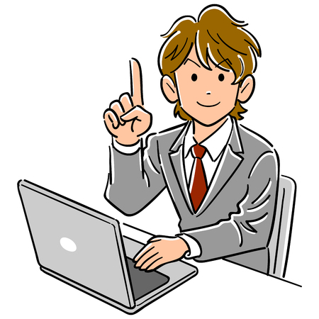 Young business man working with laptop gives forefingerのイラスト素材