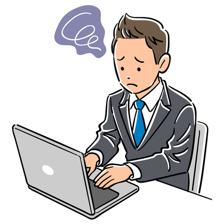 Man in a suit operating a laptop, puzzledのイラスト素材