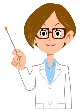A woman wearing a lab coat with a pointing stickのイラスト素材