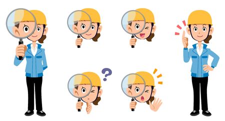 A set of the full body and facial expressions of a woman on a construction site wearing a helmet to investigate with a magnifying glassのイラスト素材