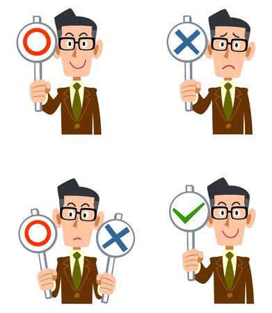 A man in glasses wearing a brown jacket with correct and incorrect answersのイラスト素材