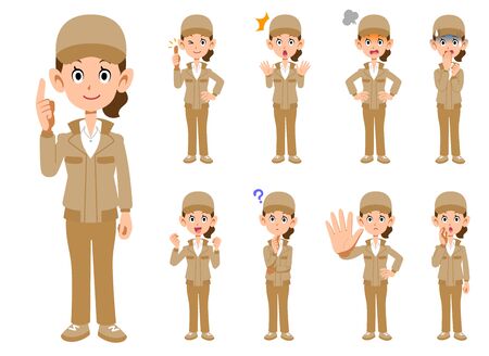 9 different facial expressions for women in work clothesのイラスト素材