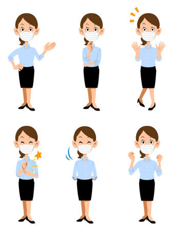 A woman wearing a mask and working in the summer office, 6 different gestures and expressionsのイラスト素材