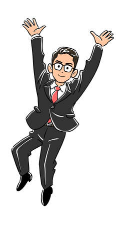 Businessman with glasses jumping and banzaiのイラスト素材