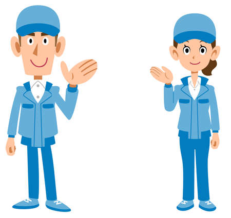Whole body of man and woman in blue work clothes guided by the palmのイラスト素材