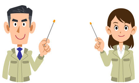 The upper body of a man and a woman in a construction shop explained with a pointerのイラスト素材