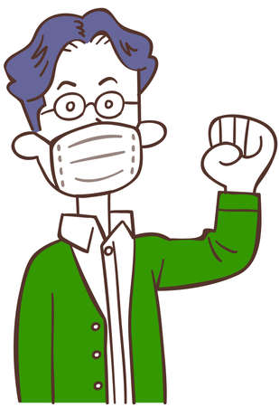 A young man in casual clothes wearing a mask and guts poseのイラスト素材