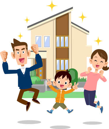 A family of three rejoicing in front of a single-family homeのイラスト素材