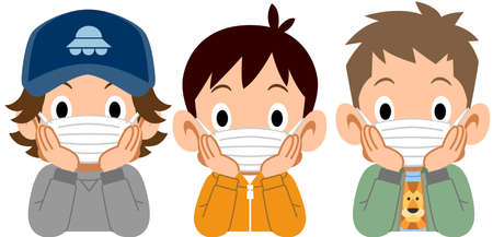 Three boys who put on a mask, and rest their cheek on their handのイラスト素材