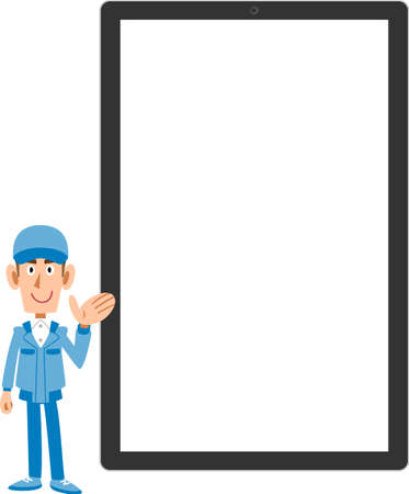 A man in work clothes guiding in front of a tablet PCのイラスト素材