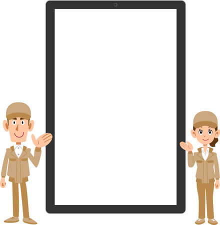 Man and woman in work clothes to guide in front of the tablet PCのイラスト素材
