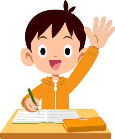 Elementary school boy who raises his hand during classのイラスト素材