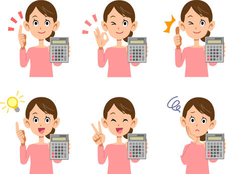 A set of 6 illustrations of facial expressions and gestures of a woman with a calculatorのイラスト素材