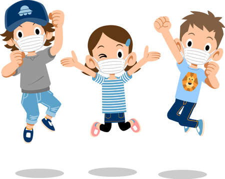 Male and female children wearing masks and jumping vigorouslyのイラスト素材