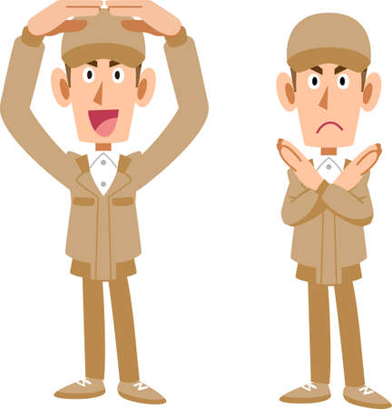 The whole body of a man in beige work clothes that makes a circle and a cross with both handsのイラスト素材