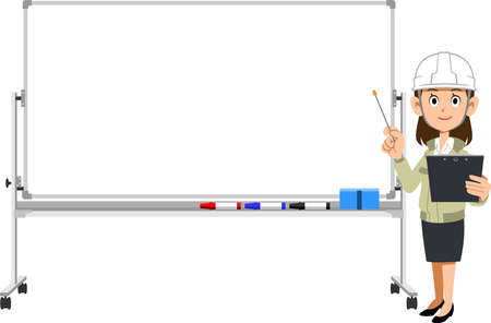 A woman wearing a helmet and work clothes explaining with materials and a pointer, and a whiteboardのイラスト素材