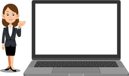 A laptop computer with a blank screen and a business woman who guides youのイラスト素材