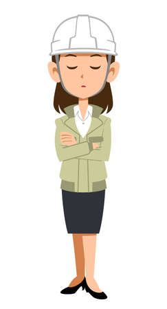 A woman wearing a helmet and work clothes, thinking with her arms foldedのイラスト素材