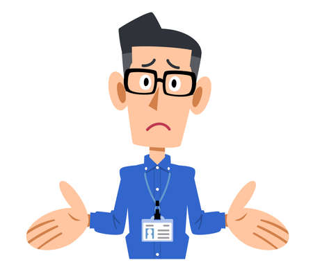 A disappointed man with an employee ID card, wearing glasses and a blue shirtのイラスト素材