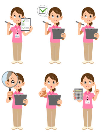 A set of 6 types of women wearing a pink short-sleeved polo shirt and a name tag with a magnifying glass and documentsのイラスト素材