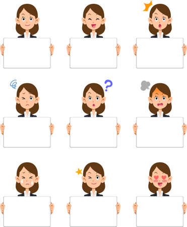 9 different facial expressions of a business woman holding a whiteboardのイラスト素材