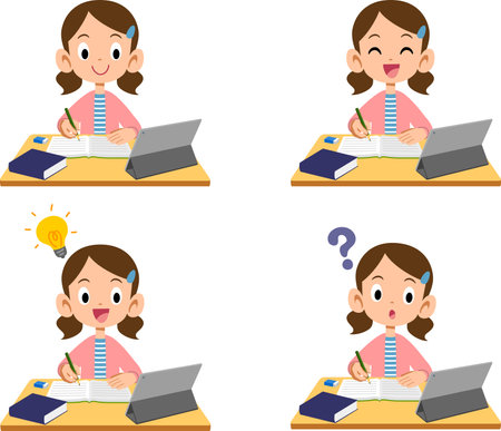 Illustration set of a girl learning using a tabletのイラスト素材
