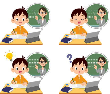 Illustration set of a girl taking an online class on a tabletのイラスト素材