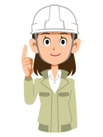 A woman in work clothes wearing a helmet with her index finger upのイラスト素材
