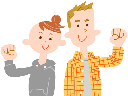 A young man and woman in casual clothes doing a guts poseのイラスト素材