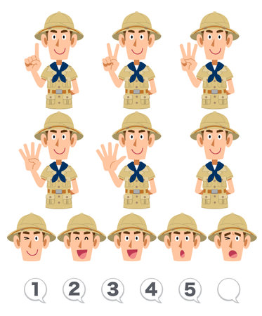 A man in an explorer's suit counting numbers with his fingers Set of facial expressions and numbersのイラスト素材