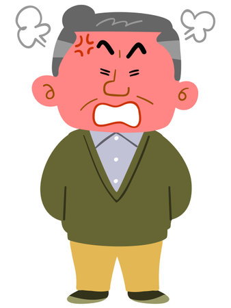 A middle-aged man wearing casual clothes with a flushed face and angry face, full bodyのイラスト素材