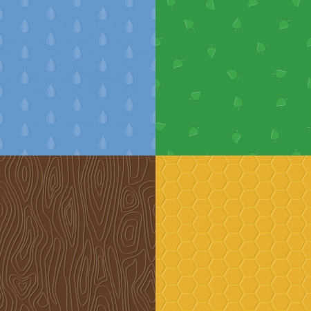 Vector organic embossed seamless patterns with natural elements - tree bark, raindrops, leaves and honeycombのイラスト素材