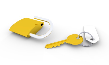 Golden key with blank tag and unlocked golden padlockの写真素材