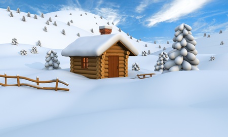 3D illustration of a cute little wooden hut in the middle of snowy countrysideの写真素材