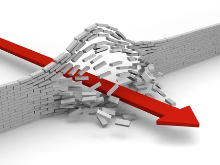 Red arrow breaking through brick wall, concept of success, breakthrough, achievementの写真素材