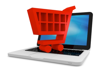 3D illustration of shopping cart symbol on a laptopの写真素材