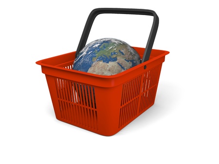 Illustration of small Earth in red plastic shopping basketの写真素材