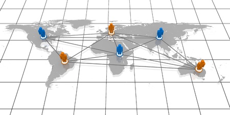 Concept of global network with coloured figurines on world's continents connected to each other