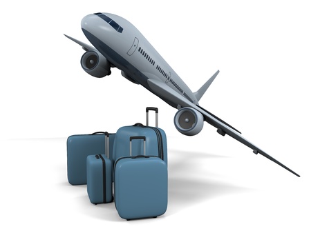 3D model of flying passenger aircraft with luggage isolated on white backgroundの写真素材