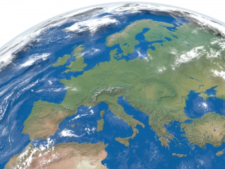 Detailed illustration of Europe from space with clouds and atmosphereの写真素材