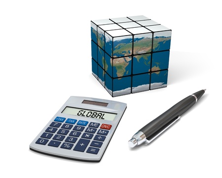 Concept of global business with calculator, pen and cubic model of Earthの写真素材