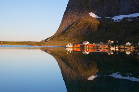 Picturesque town of Reine by the fjord on Lofoten islands in Norwayの写真素材