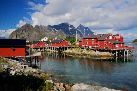 Typical red fishing huts called Rorbu on Lofoten islands in Norwayのeditorial素材