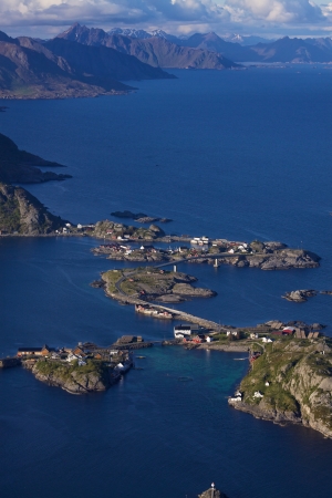 Picturesque view from Reinebringen with small fishing villages on tiny islands connected by bridgesのeditorial素材