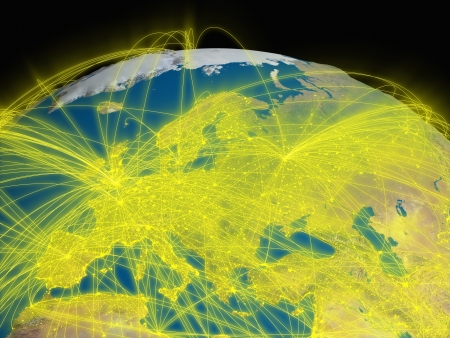 Illustration of Europe from space with glowing yellow connections between cities and continents representing global airline networks.  の写真素材