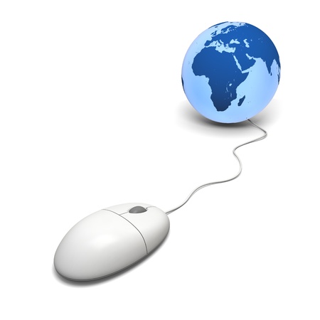 Illustration of wired computer mouse connected to planet Earth isolated on white background, concept of internet and connectivity. の写真素材